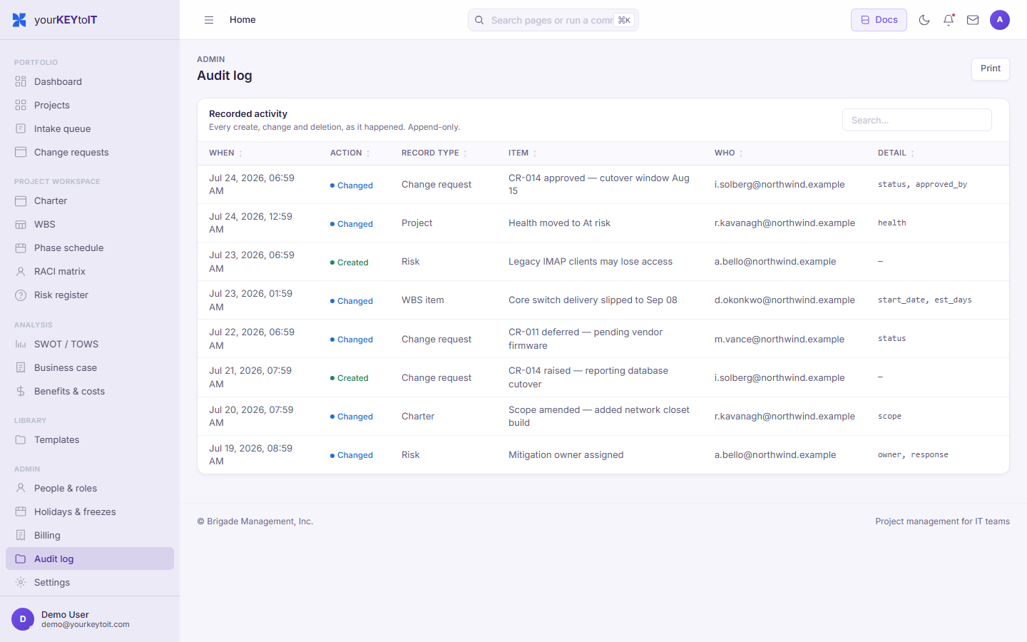 The append-only audit log, recording every create and change with the record affected, the person and the timestamp